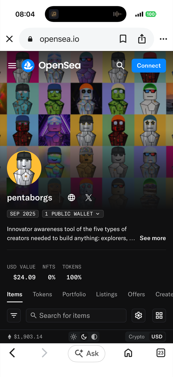 OpenSea page for the pentaborgs wallet, showing a grid of faceted humanoid character NFTs and a total portfolio value of 24.09 dollars with NFTs at 0 percent.